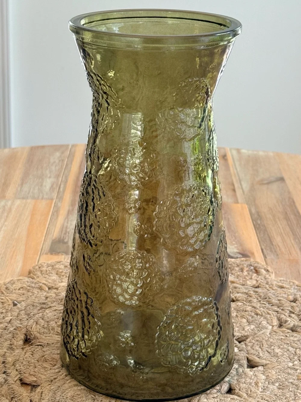 Vintage Olive Green Textured Glass Vase - Fenton Acorn 10”